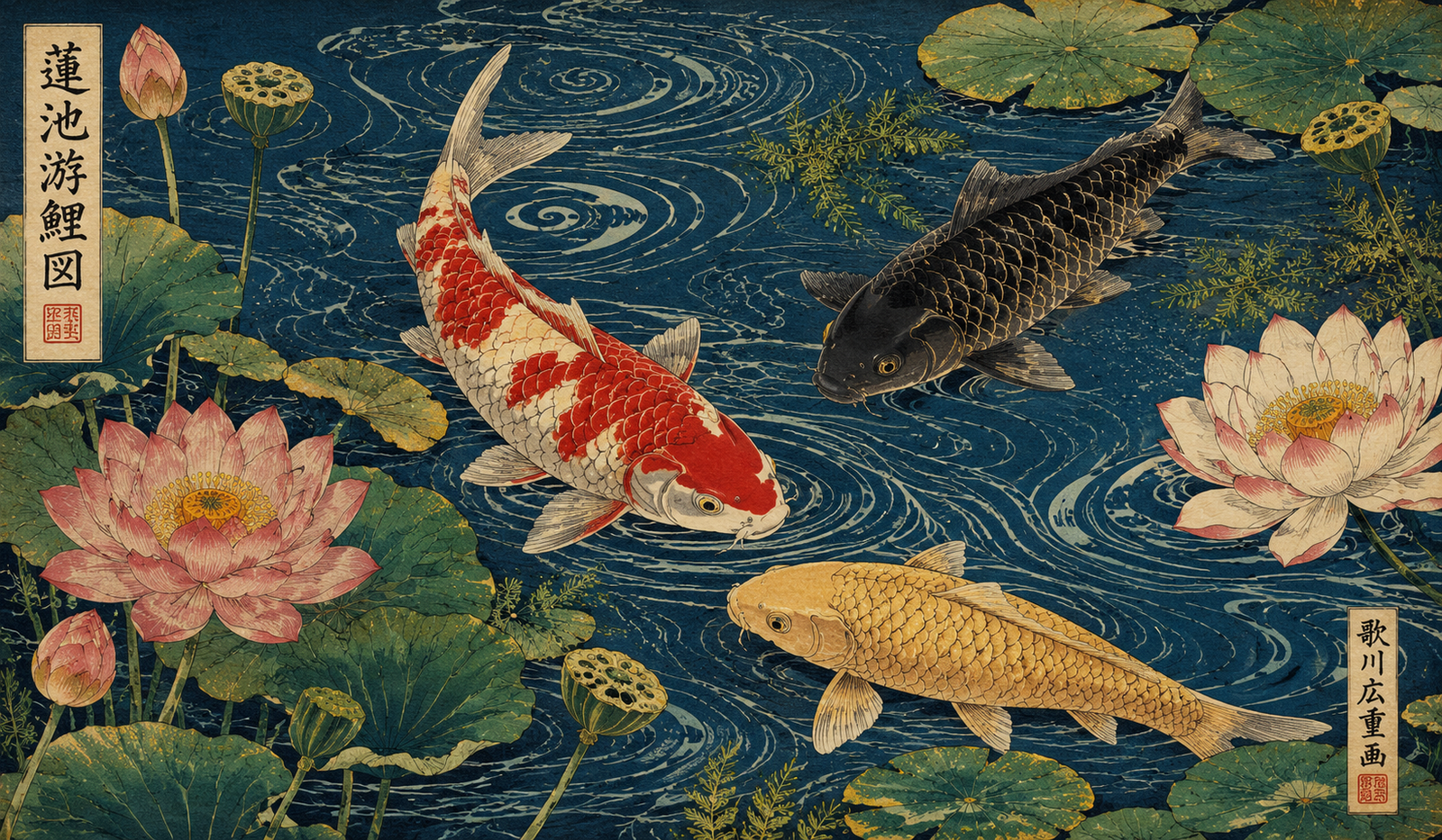 Koi fish in Japanese art — traditional ukiyo-e style illustration of koi swimming among lotus flowers and water in a Japanese garden