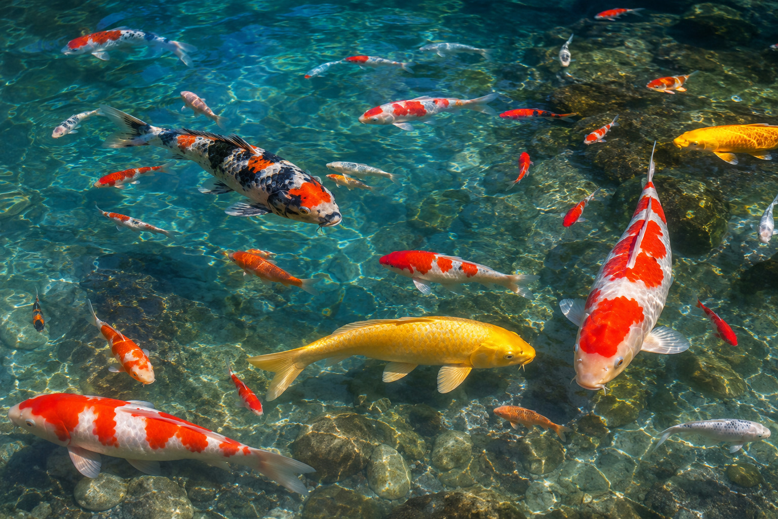 Multiple colorful koi fish of different sizes swimming in crystal clear pond water — young and adult koi together representing the 25 to 35 year lifespan of well-kept koi