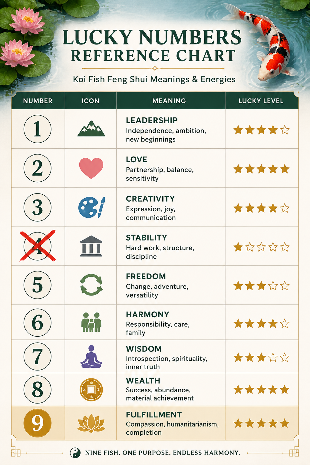 Visual reference chart of lucky koi fish numbers 1 to 9 with feng shui meanings and lucky levels