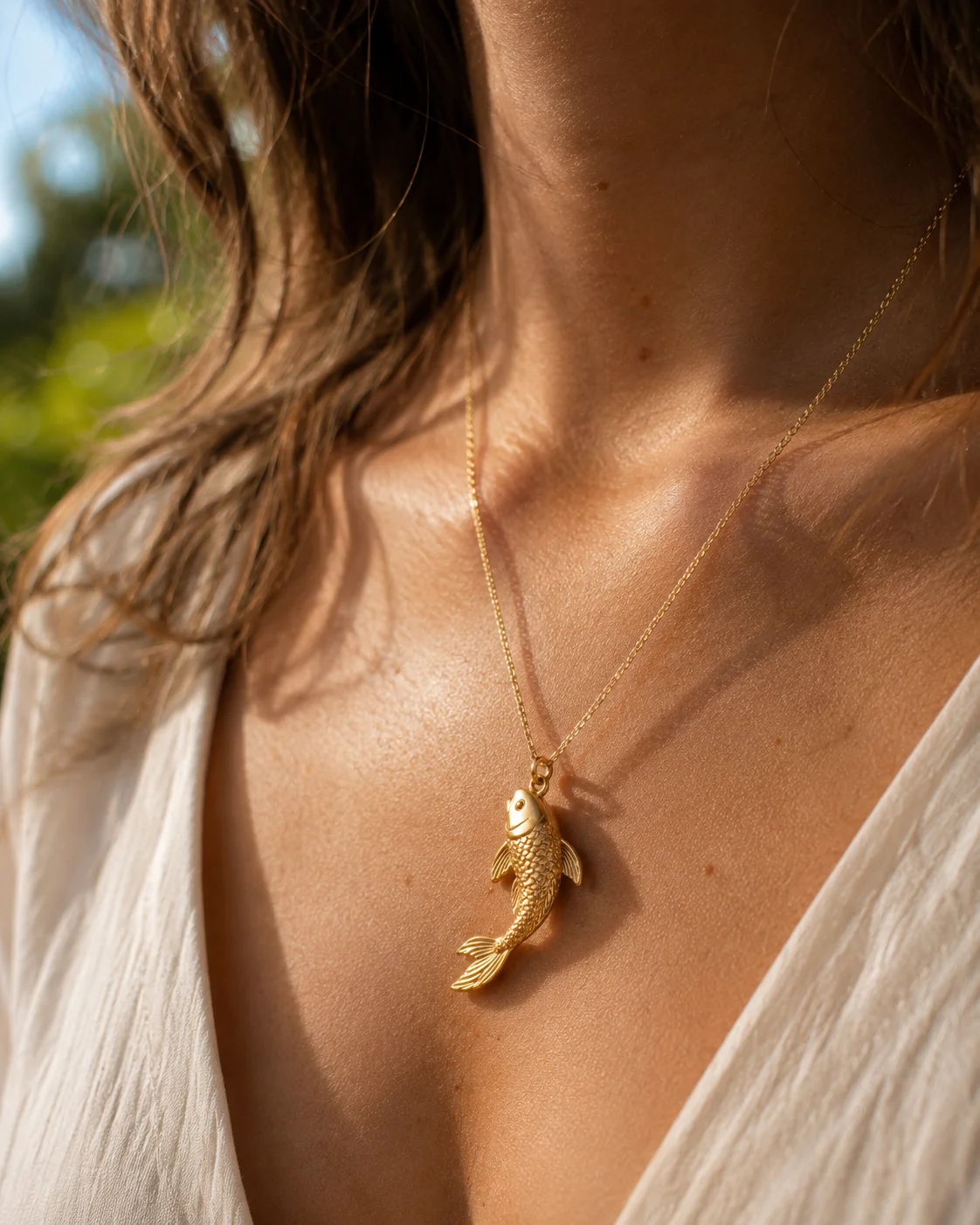 Koi fish pendant worn as a good luck charm โ gold koi pendant on neck symbolizing fortune, abundance and positive energy