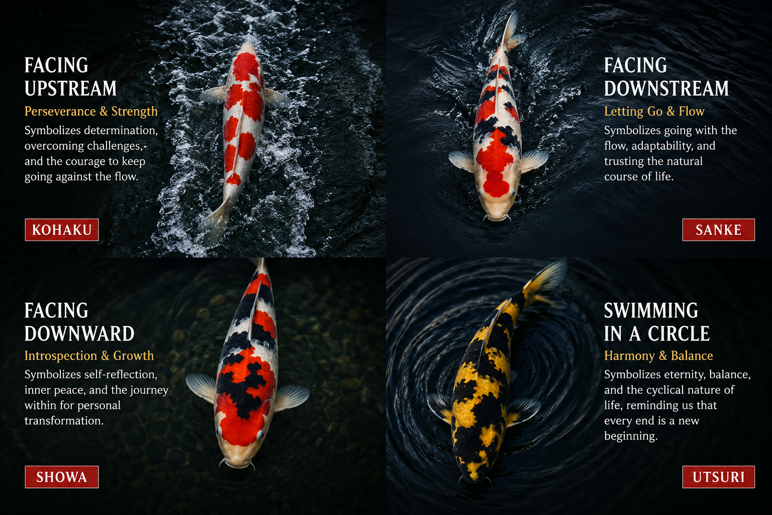 koi fish swimming direction meaning upstream downstream downward circle diagram