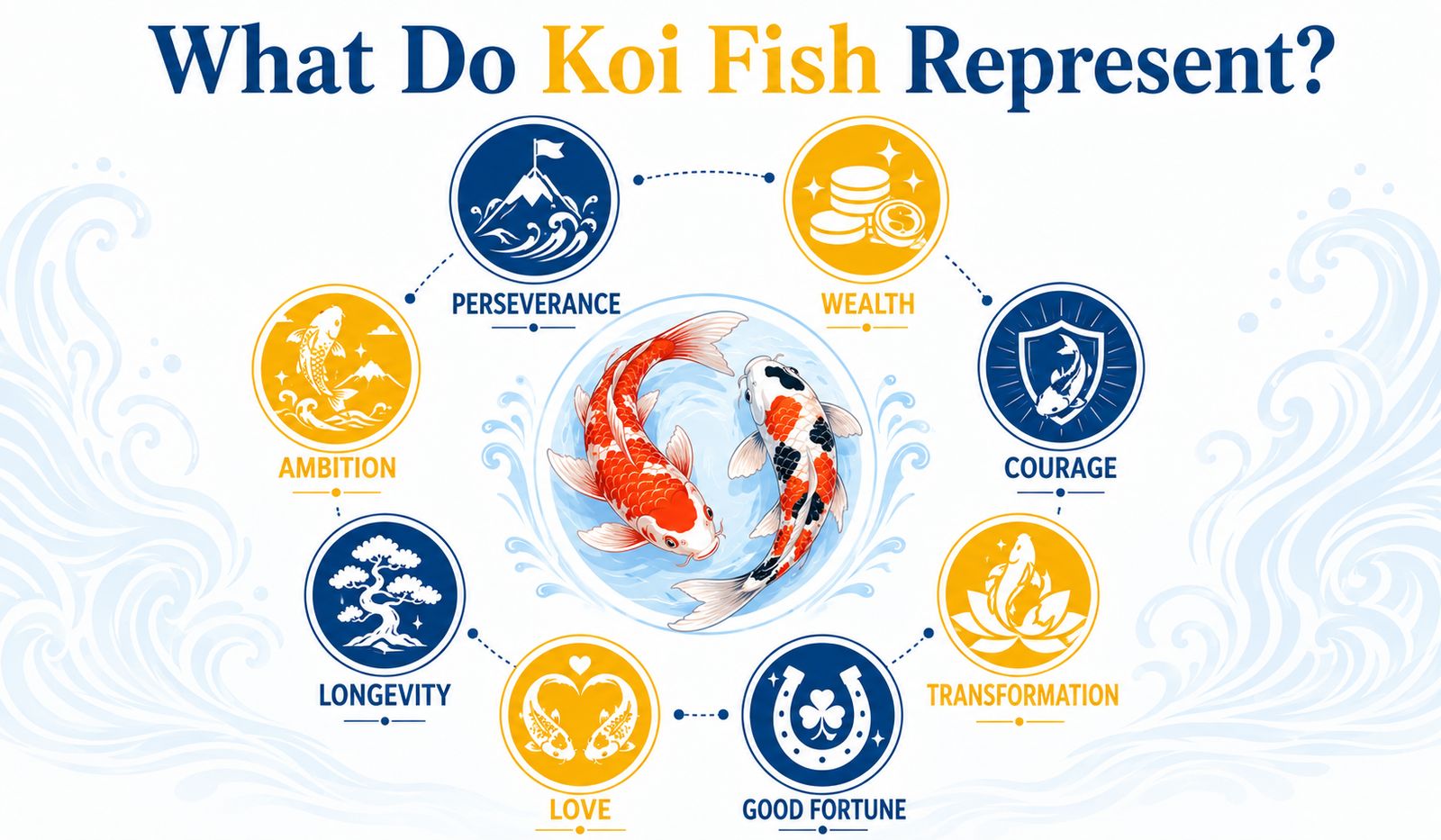 Infographic showing what koi fish represent — perseverance, wealth, love, courage, transformation, and good fortune