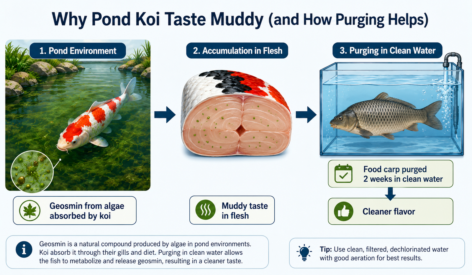 What does koi fish taste like — explaining the muddy geosmin taste of pond koi versus clean food carp