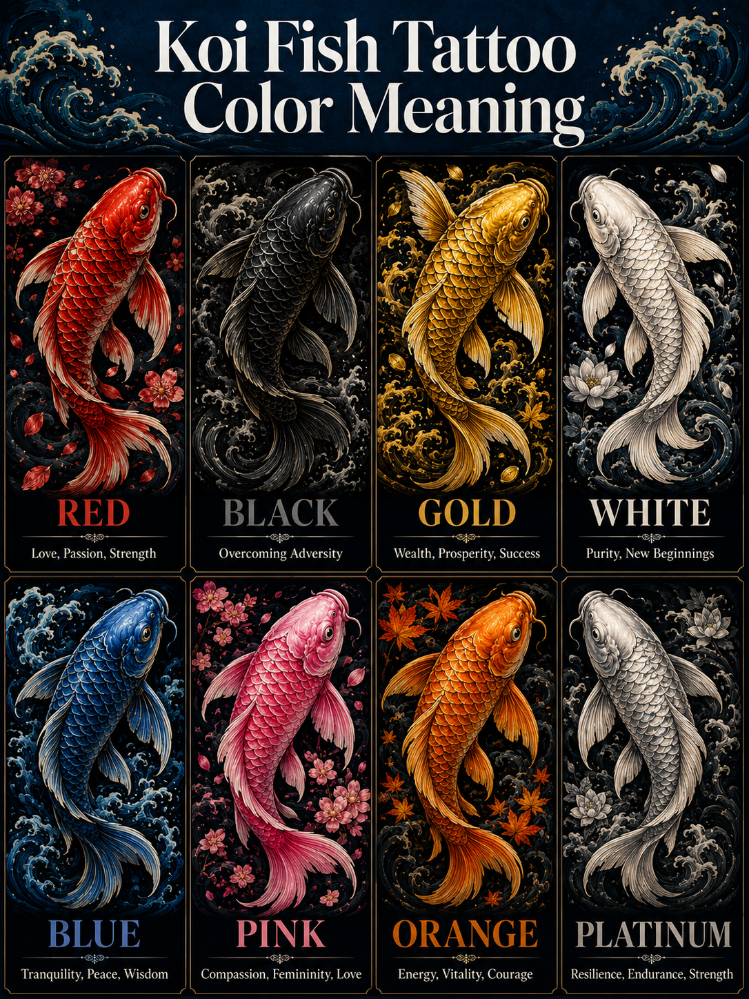 Koi fish tattoo color meaning chart showing red koi, black koi, gold koi, blue koi, white koi and pink koi tattoo meanings side by side