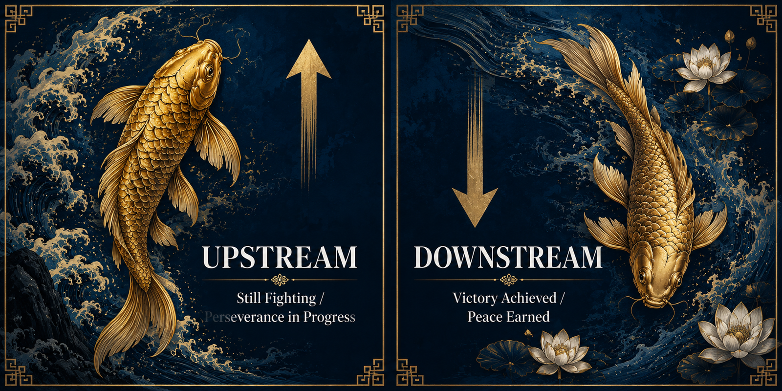 Koi fish tattoo direction meaning — upstream koi tattoo on the left representing ongoing struggle, downstream koi tattoo on the right representing achieved success and transformation