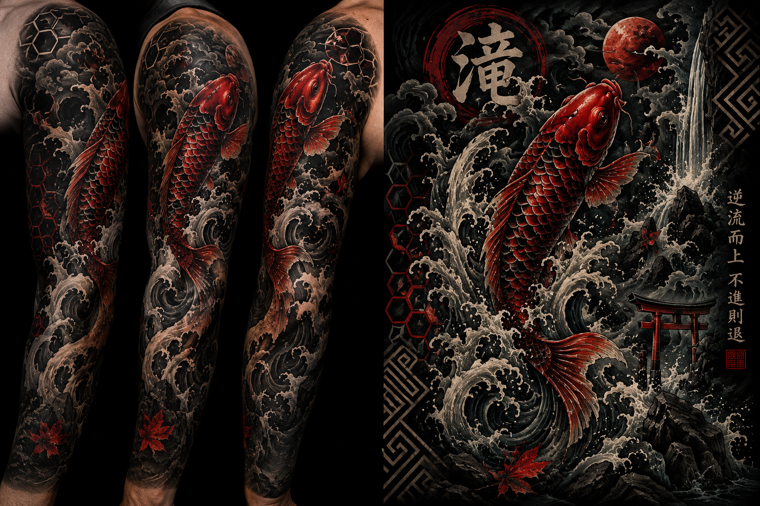 Koi fish tattoo for men showing a bold traditional irezumi full sleeve design with black and red koi swimming upstream through waves with lotus and dragon elements