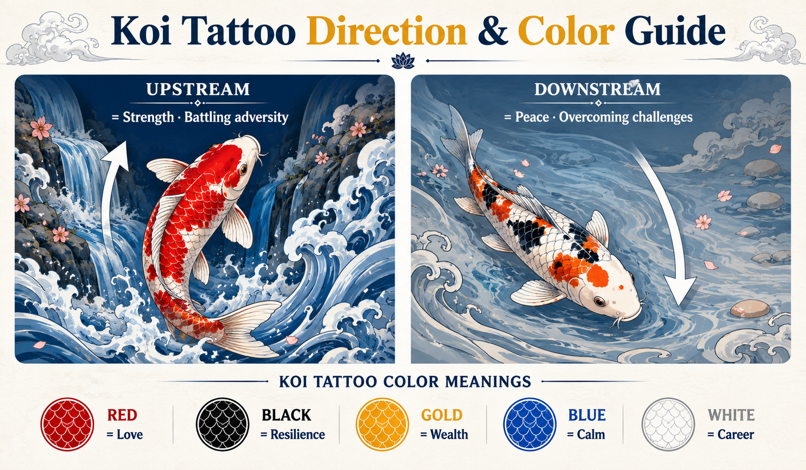 Koi fish tattoo meaning guide — upstream vs downstream swimming direction and color symbolism chart
