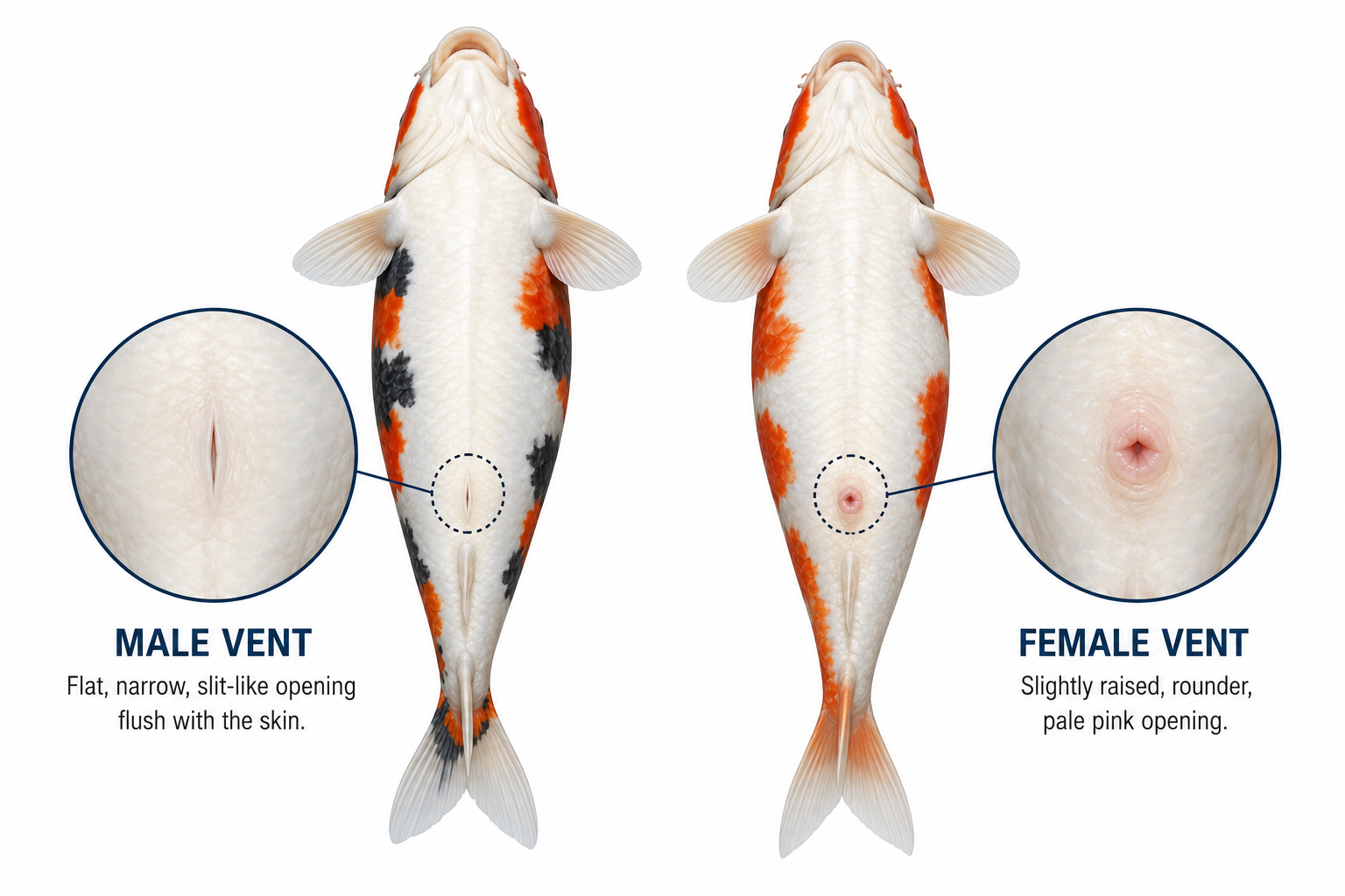 Koi fish vent identification diagram — male vent is flat and slit-like; female vent is slightly raised and pale pink, the most reliable koi sexing method