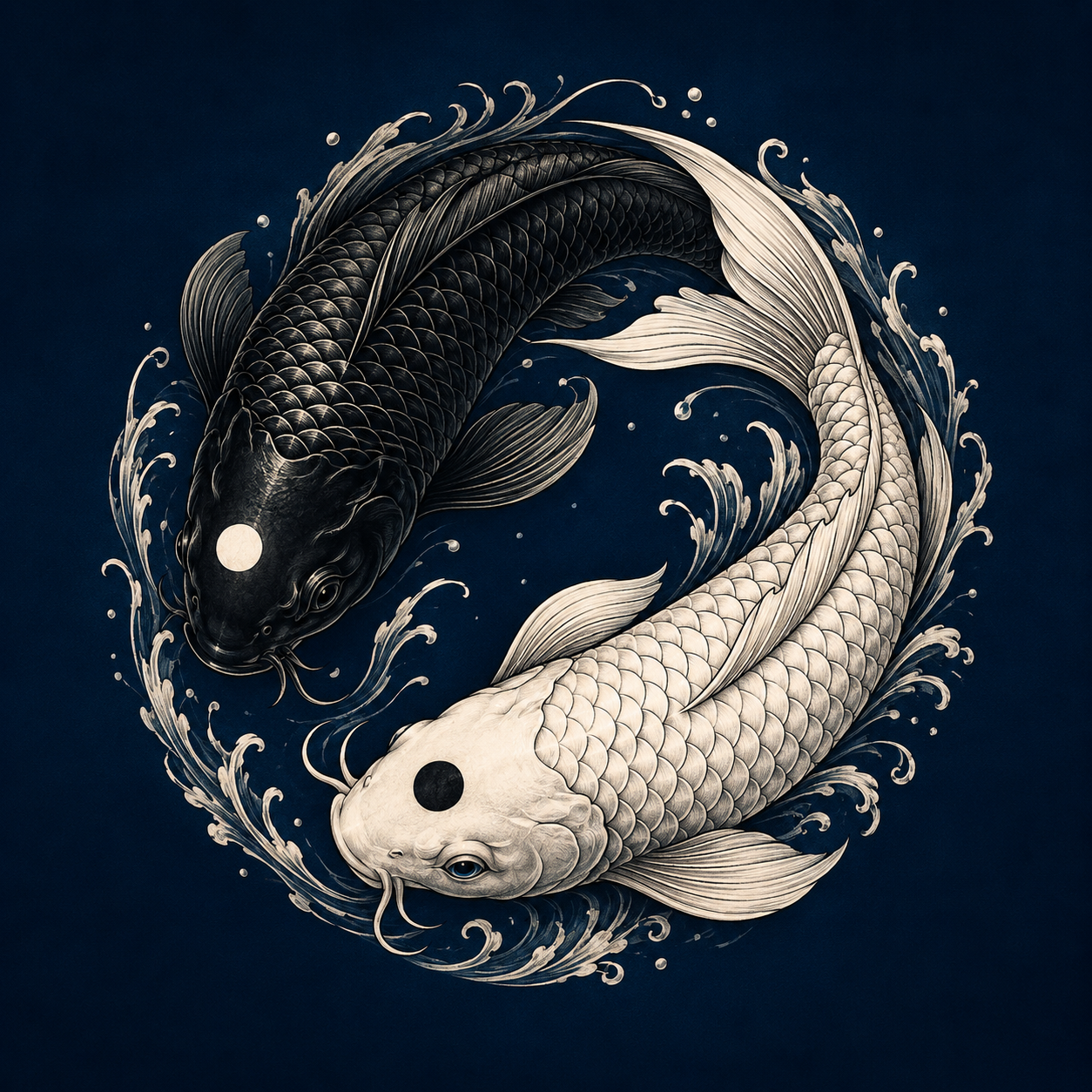 Koi fish yin yang tattoo showing one black koi and one white koi swimming in a circle forming the yin yang symbol — representing balance, duality and harmony
