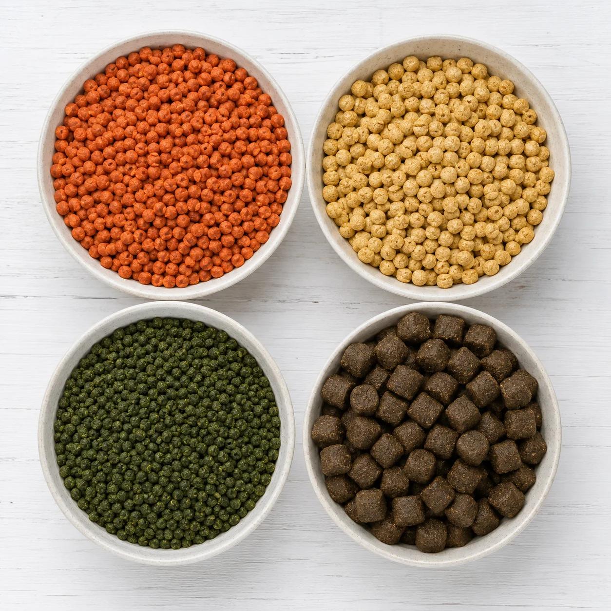 Different types of koi fish food side by side — floating pellets, wheat germ pellets, color-enhancing pellets, and sinking pellets with their seasonal uses labeled