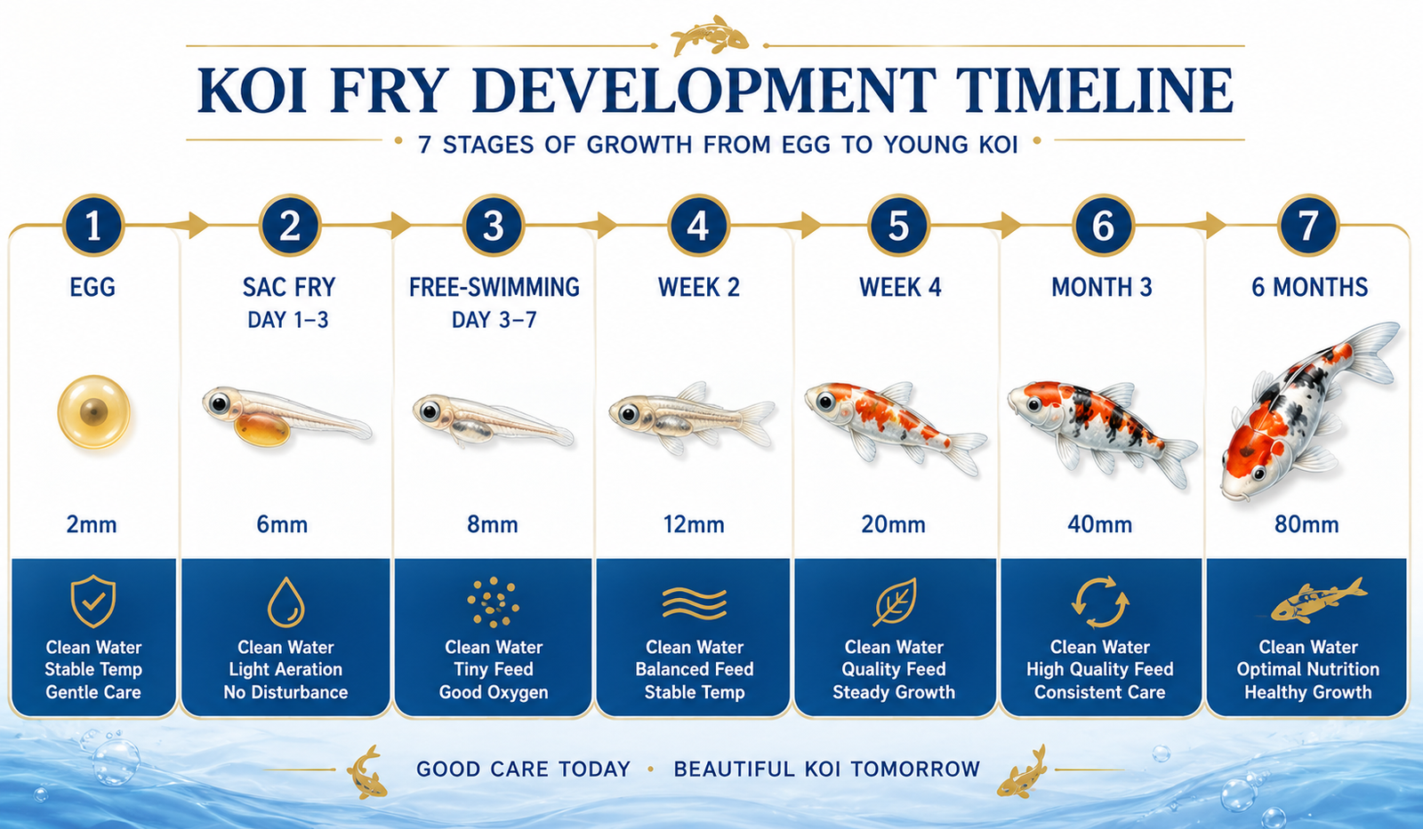 Koi fry development stages timeline — from hatching through 30 days showing size, appearance, and care changes