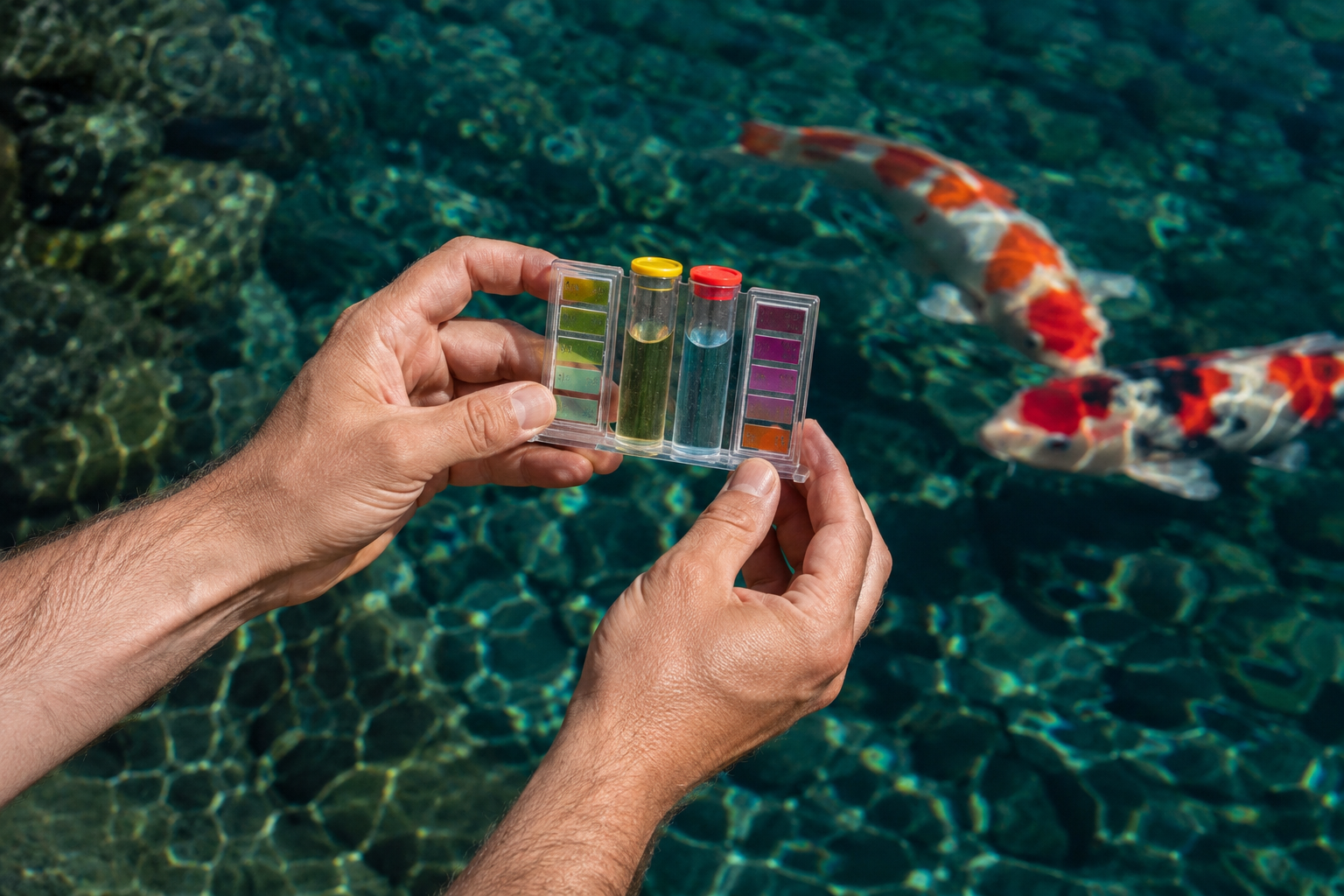Person testing koi pond water quality with a test kit — water quality is the single most important factor determining how long koi fish live