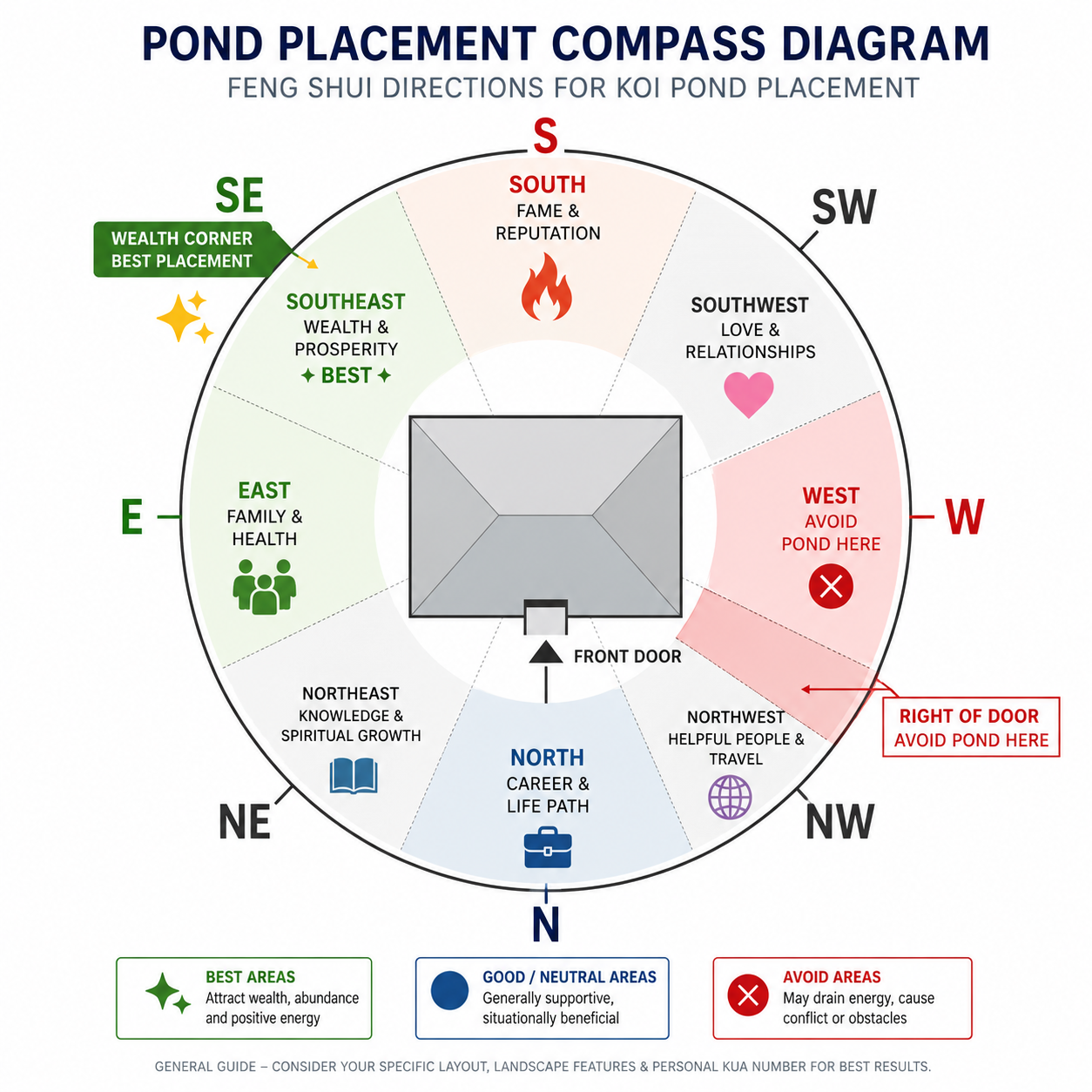 Compass diagram showing the best feng shui directions to place a koi pond — southeast for wealth, north for career, east for family