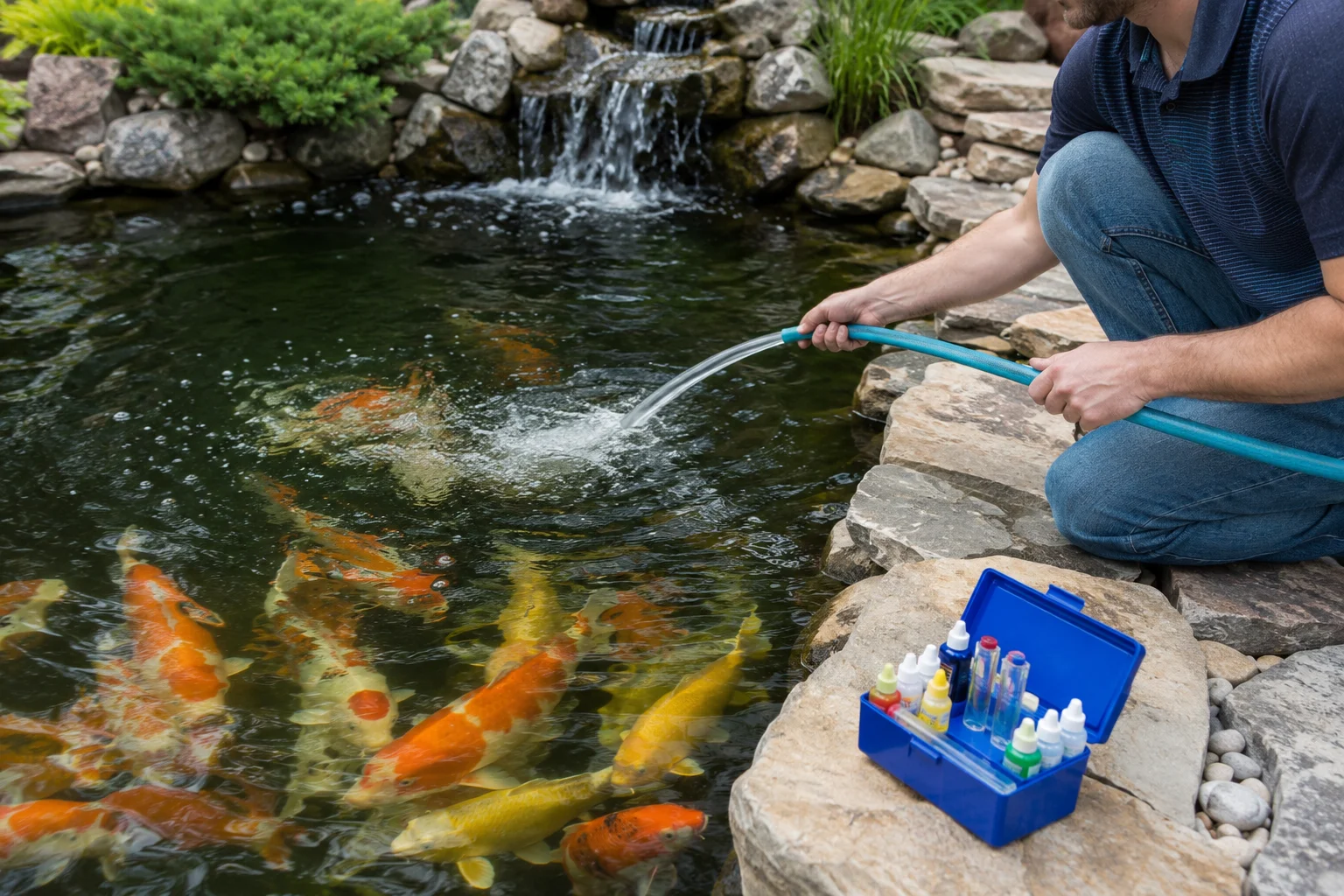 Koi pond maintenance water change — partial water change being performed on an outdoor koi pond to dilute nitrates and maintain water quality