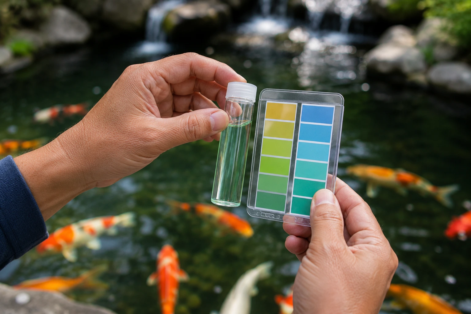 Liquid pH test kit showing color comparison chart for koi pond water — reading between 7.5 and 8.0 ideal range