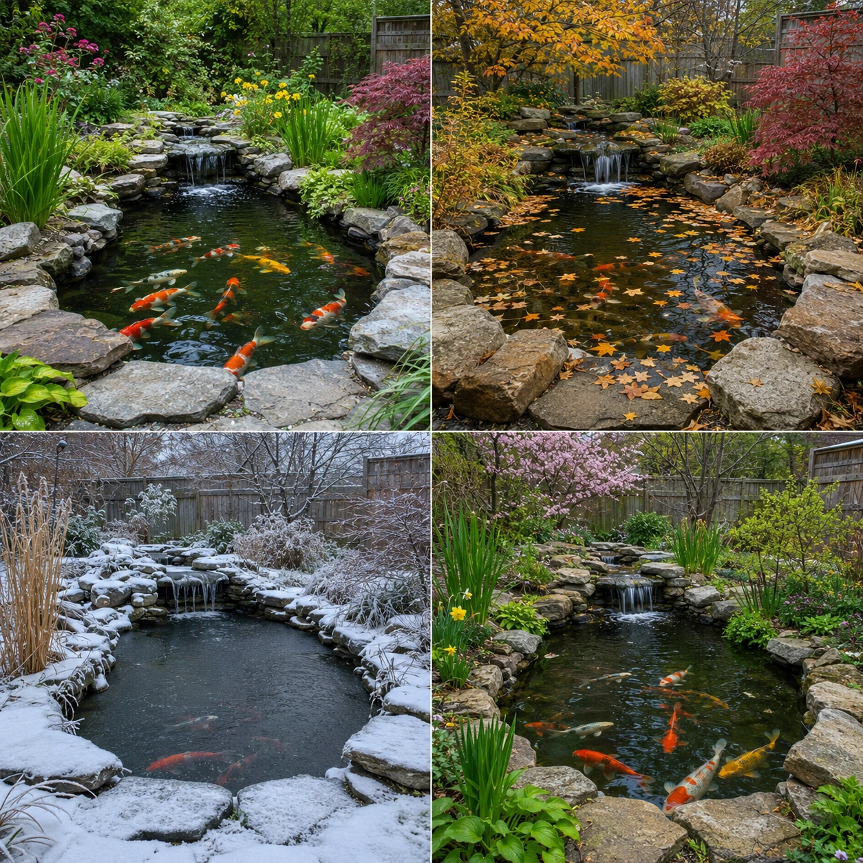 Koi pond across four seasons showing seasonal water temperature changes and koi behavior from active summer feeding to winter torpor