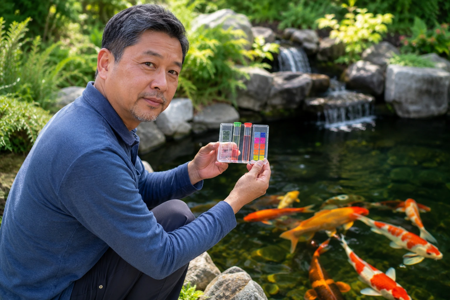 Koi keeper testing pond water quality with a liquid test kit — checking pH, ammonia, and nitrite levels in a backyard koi pond