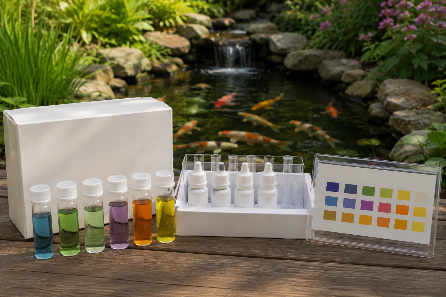 API Freshwater Master Test Kit with color comparison charts for ammonia, nitrite, nitrate and pH — recommended for koi pond water testing