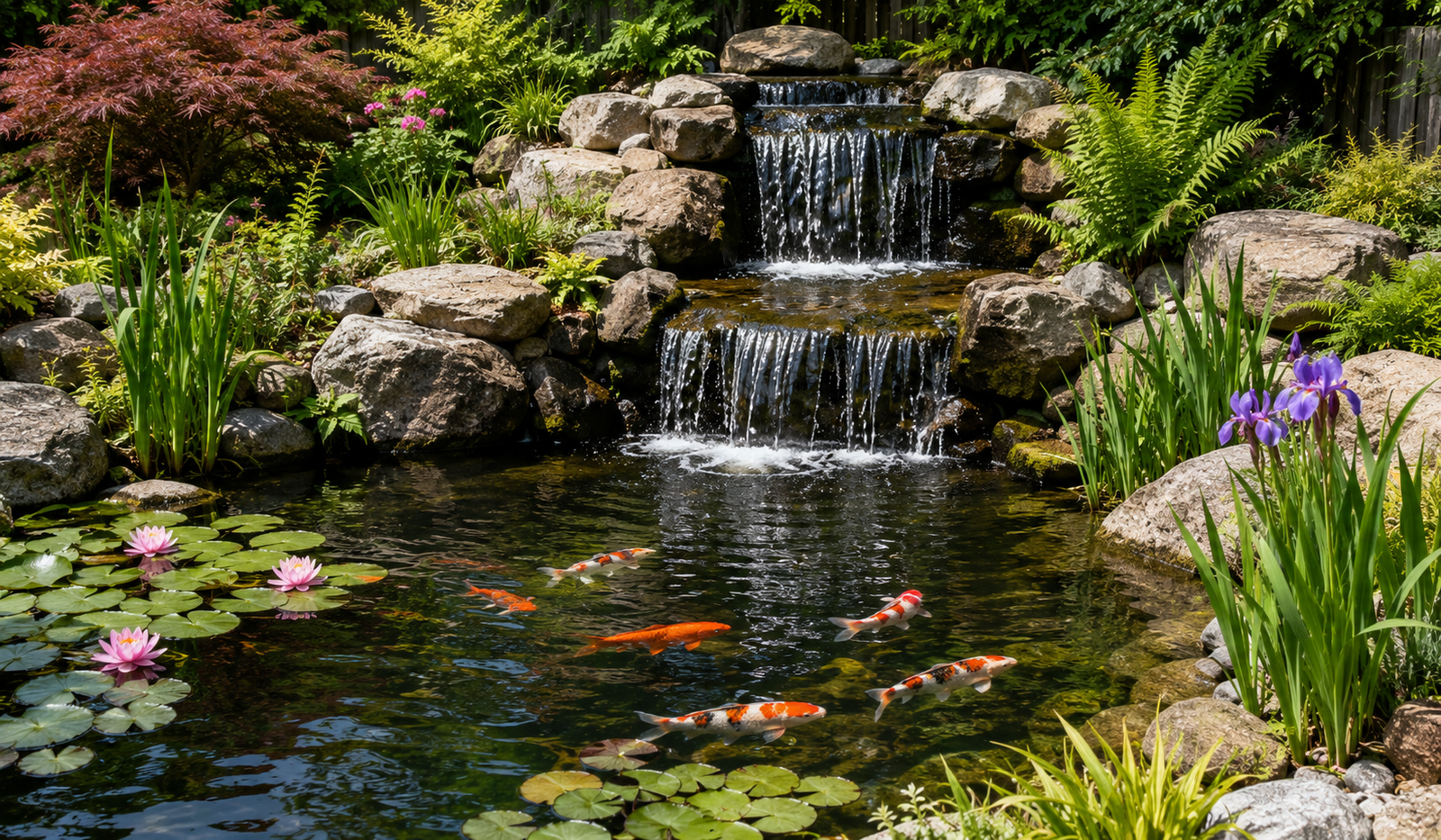 Koi Pond Design Ideas: 12 Styles for Every Budget & Space 3 Koi pond with waterfall — cascading water over stacked rocks into a clear koi pond, adding oxygen and soothing sound