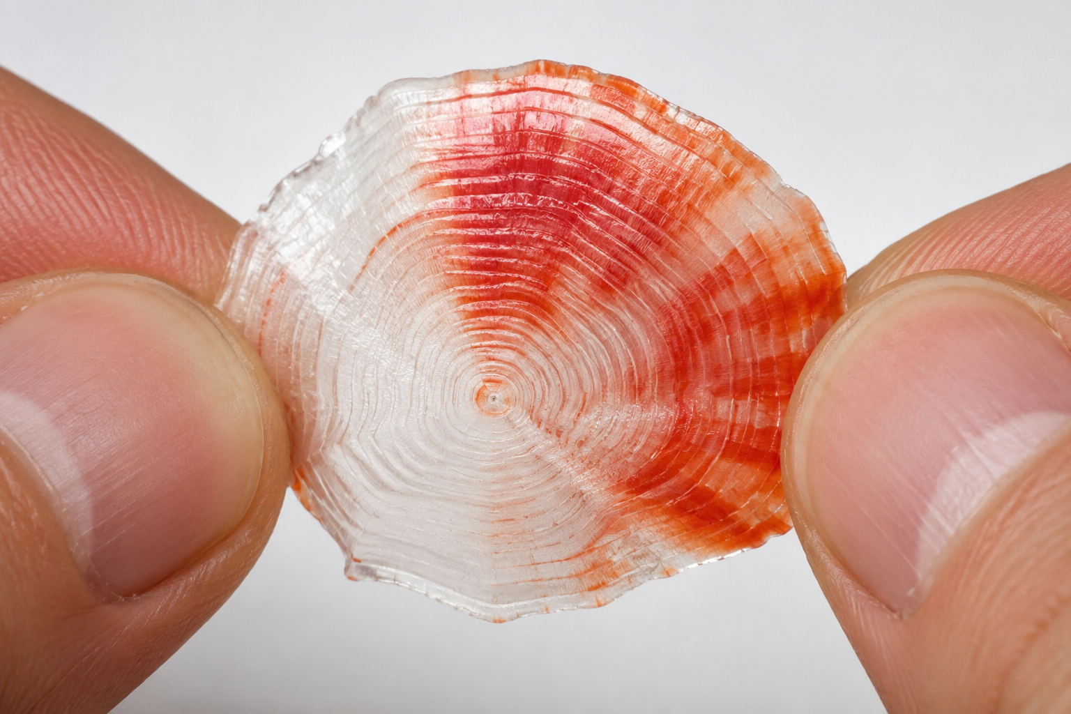 Macro close-up of a koi fish scale showing circular growth rings — each ring represents one year of life, similar to tree rings, used to verify Hanako's age of 226 years