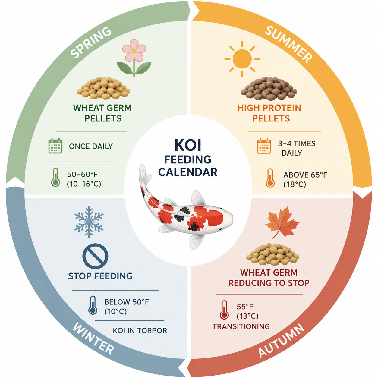 Koi fish seasonal feeding schedule infographic showing spring wheat germ transition, summer high protein, autumn reduction, and winter stop across four seasons