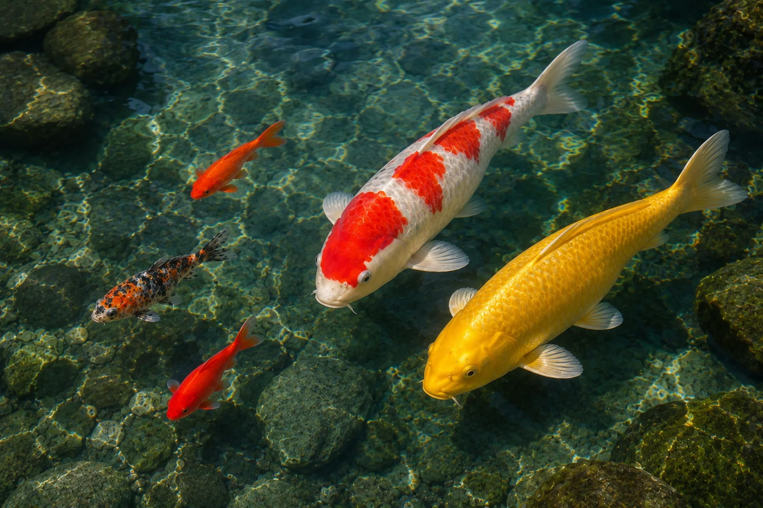 Koi vs goldfish side by side in a pond — showing the size difference, body shape difference and barbels that distinguish koi fish from goldfish