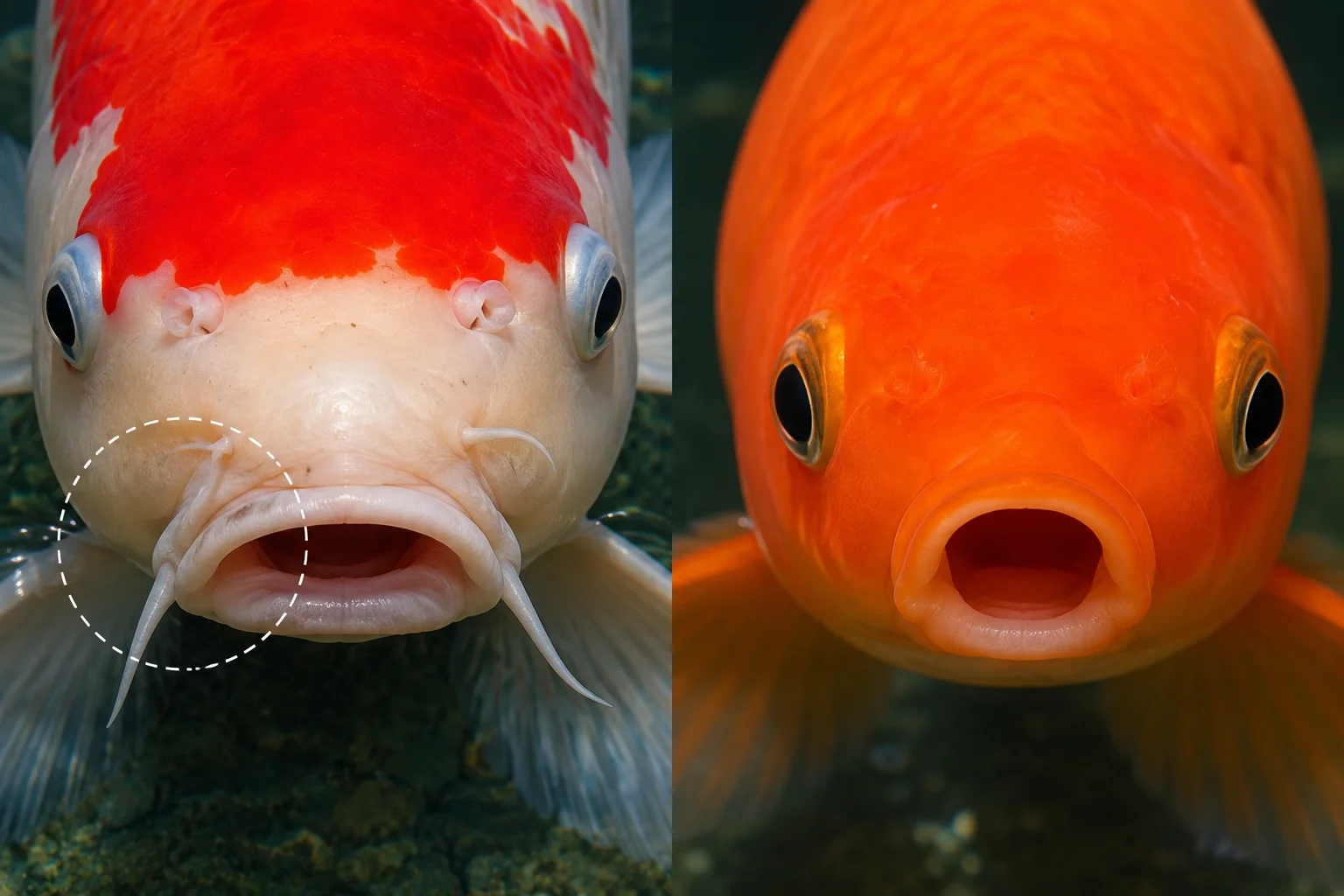 How to tell koi from goldfish — close up showing koi barbels whiskers near the mouth compared to goldfish with no barbels — the most reliable identification method