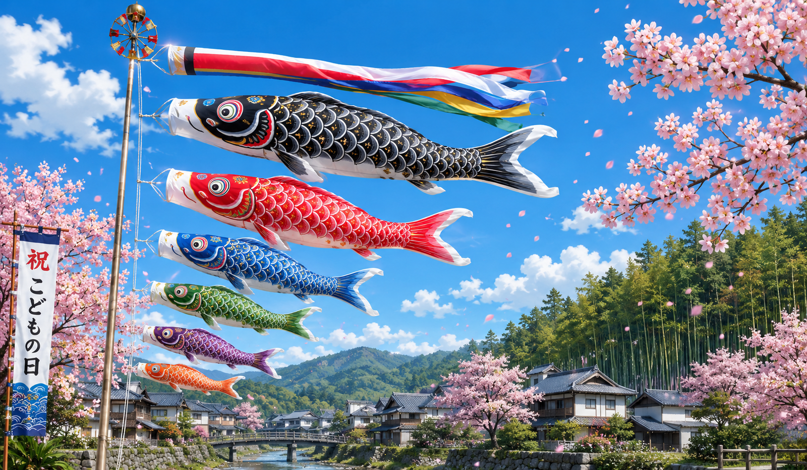 Koinobori koi streamers flying against a blue sky in Japan on Children's Day (Kodomo no Hi) — colorful carp-shaped wind socks representing each family member