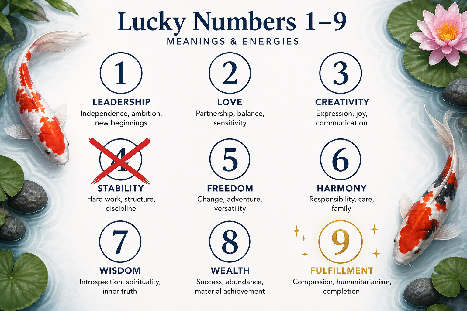 Infographic: lucky numbers 1 to 9 for koi fish in a pond — feng shui meanings at a glance