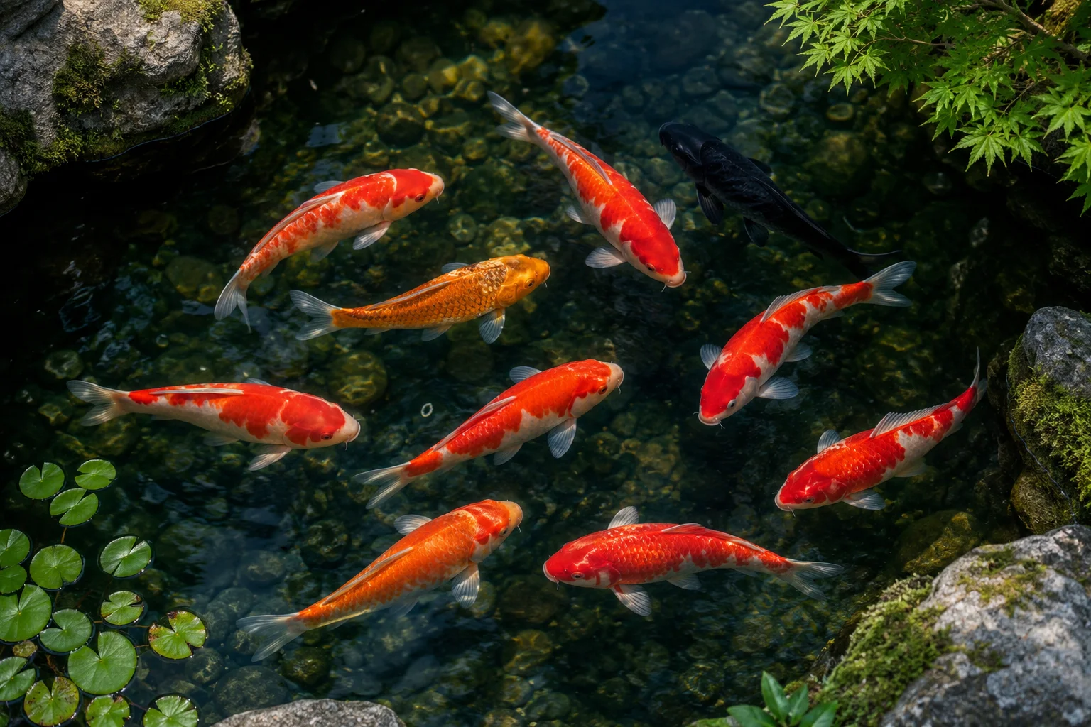 Nine koi fish swimming in a feng shui garden pond — eight red and gold koi with one black koi in the classic lucky 9-koi arrangement