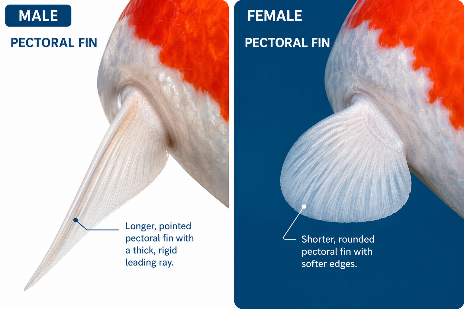 Male vs female koi pectoral fins comparison — male fin is longer and pointed with a thick first ray; female fin is shorter and rounded