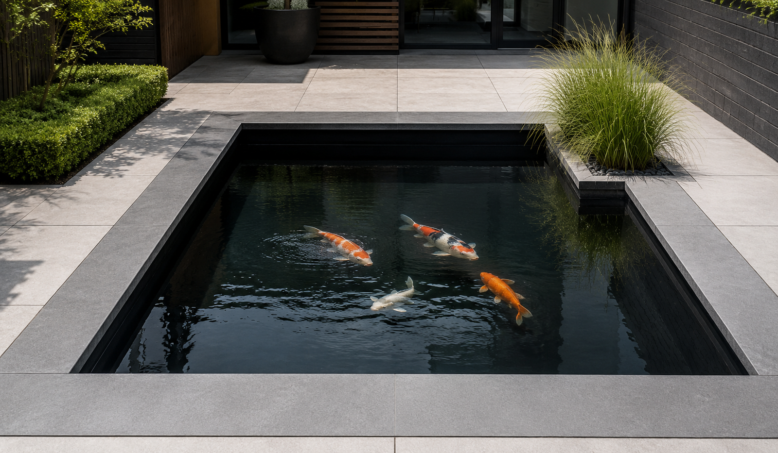 Koi Pond Design Ideas: 12 Styles for Every Budget & Space 4 Minimalist modern koi pond — rectangular concrete pond with clean lines, smooth dark finish, and colorful koi visible through clear water