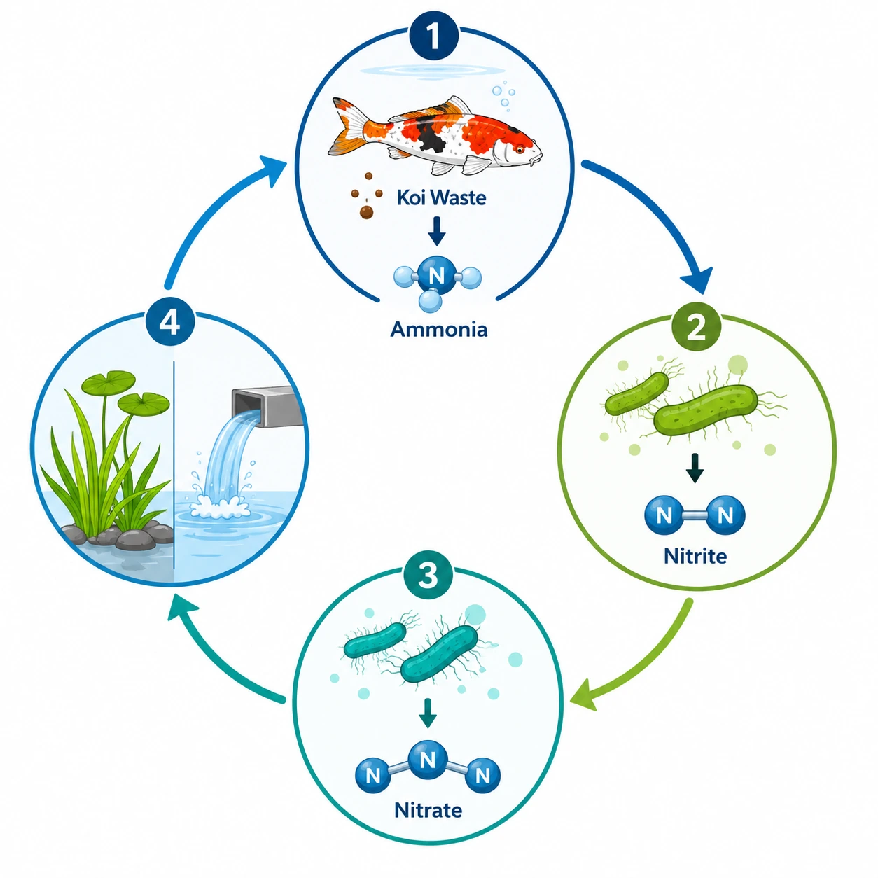 Nitrogen cycle diagram for a koi pond showing how ammonia converts to nitrite then nitrate through beneficial bacteria