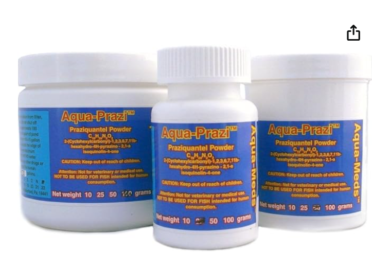 Aqua Meds Aqua Prazi praziquantel 100g — treats gill flukes, skin flukes and tapeworms in koi ponds