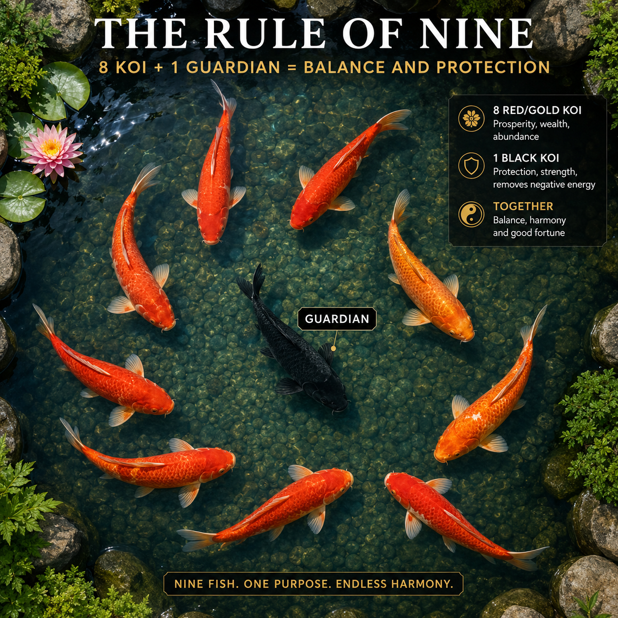 Top-down view of a feng shui koi pond with 8 gold and red koi plus 1 black guardian koi — the Rule of Nine setup