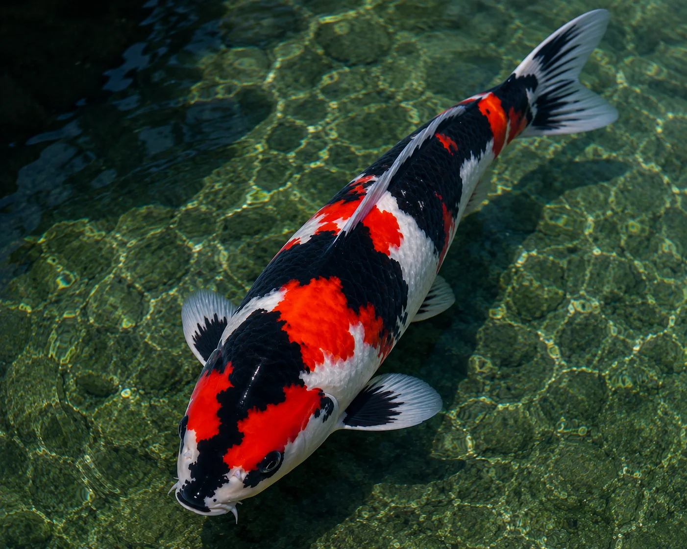 Showa koi fish showing bold black Sumi base with red Hi plates and white Shiroji markings — menware lightning bolt pattern clearly visible on head