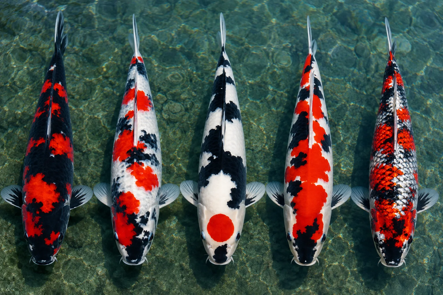Five Showa koi varieties side by side — Traditional, Kindai, Tancho, Doitsu and Gin Rin Showa showing the range of patterns within the Showa variety