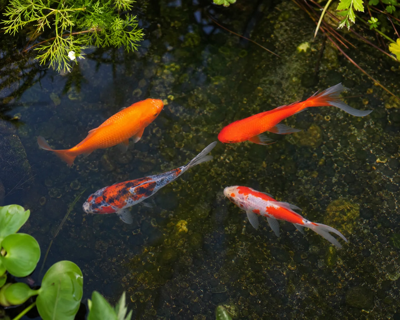 Single-tail goldfish pond showing Common Goldfish, Comet, Shubunkin and Sarasa Comet swimming together — all four can coexist in an outdoor pond