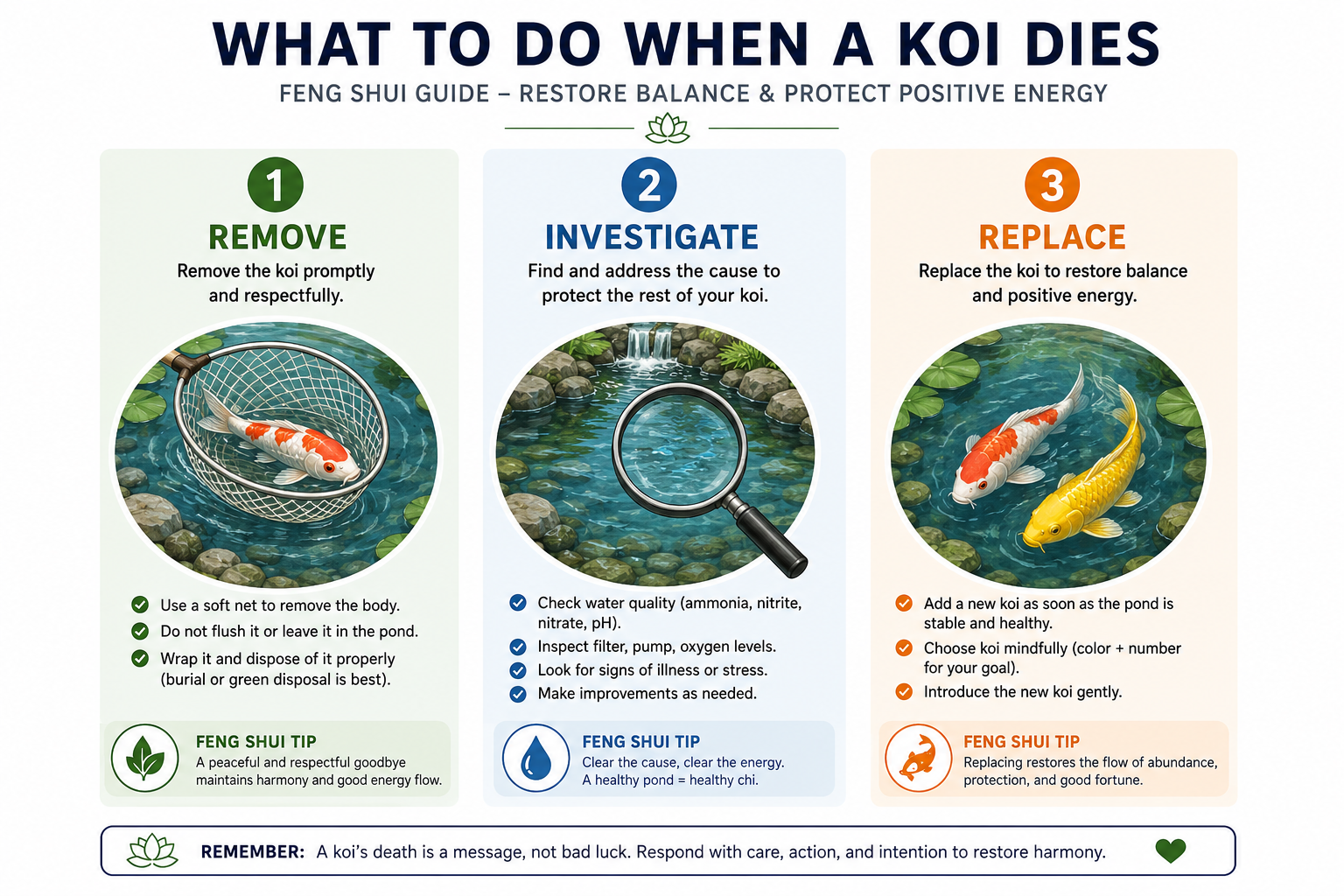 3-step guide on what to do when a koi fish dies in your pond according to feng shui: remove, investigate, replace