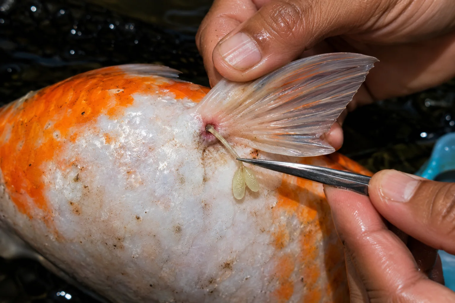 Koi Anchor Worm Treatment: How to Identify and Treat Fish Lice Too 10 Anchor worm Lernaea close up embedded in koi skin with egg sacs