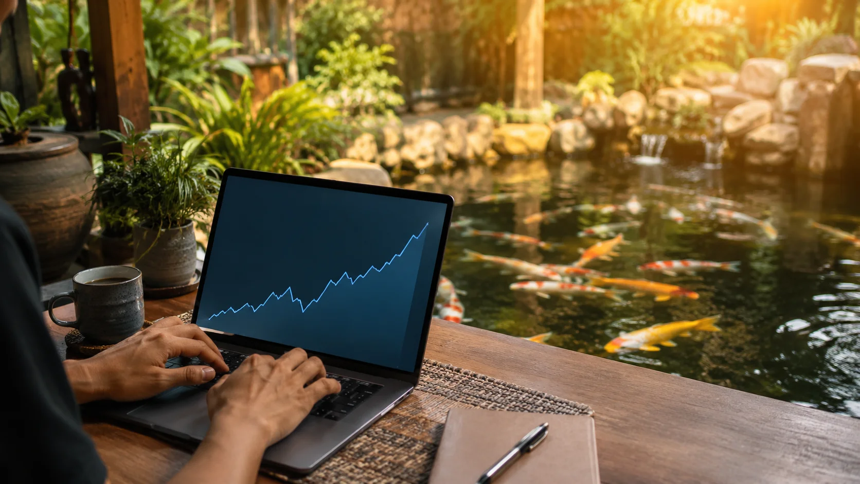 Hobbyist working on a laptop beside a koi pond