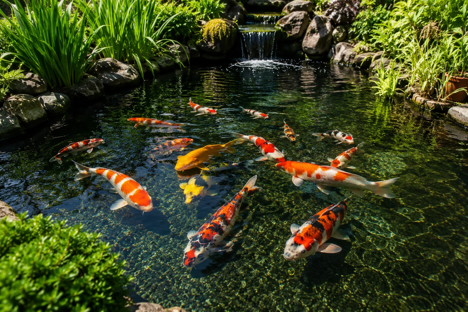 Clear, clean koi pond water after sludge removal and regular maintenance