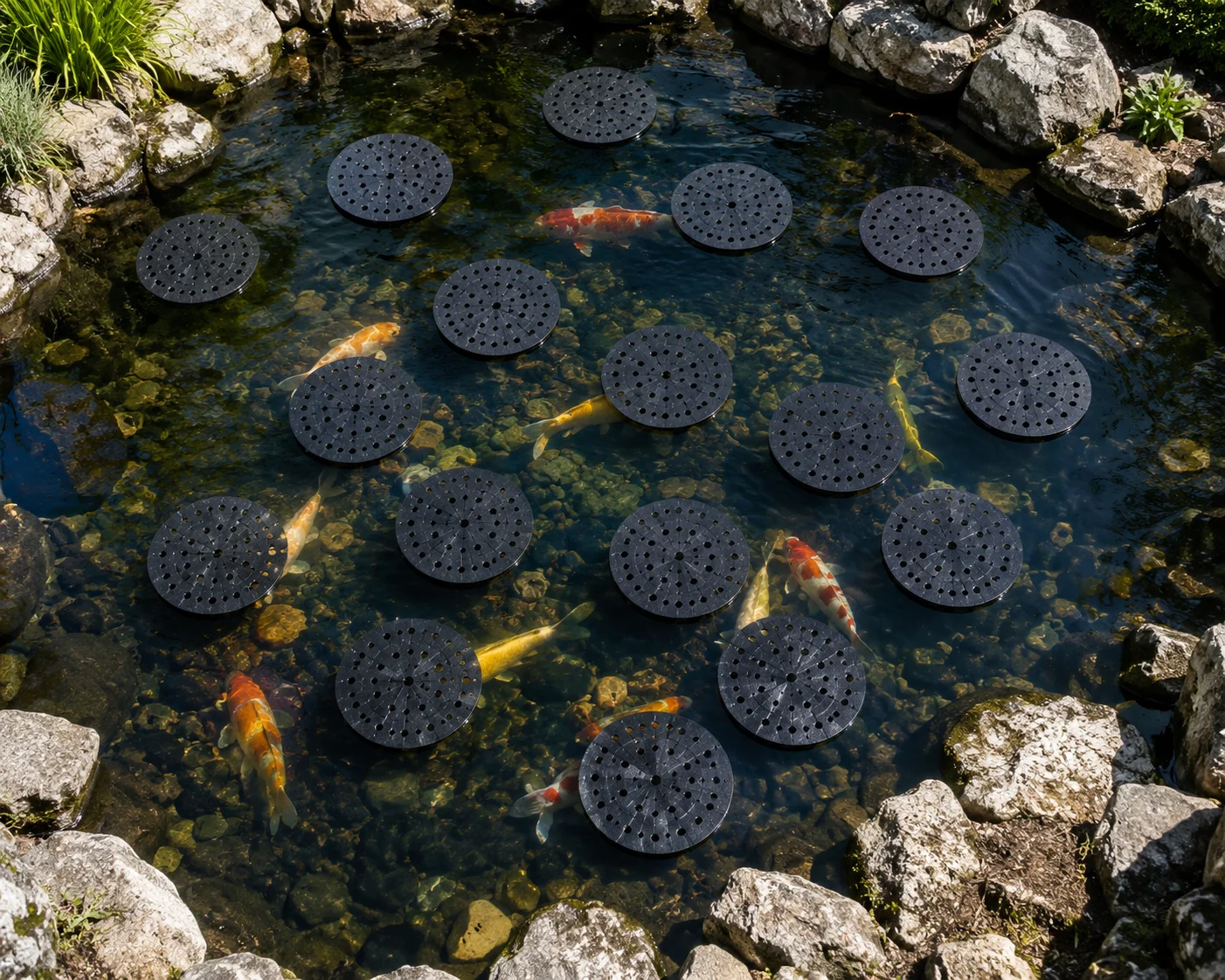Black floating deterrent disks scattered across a koi pond surface to deter herons