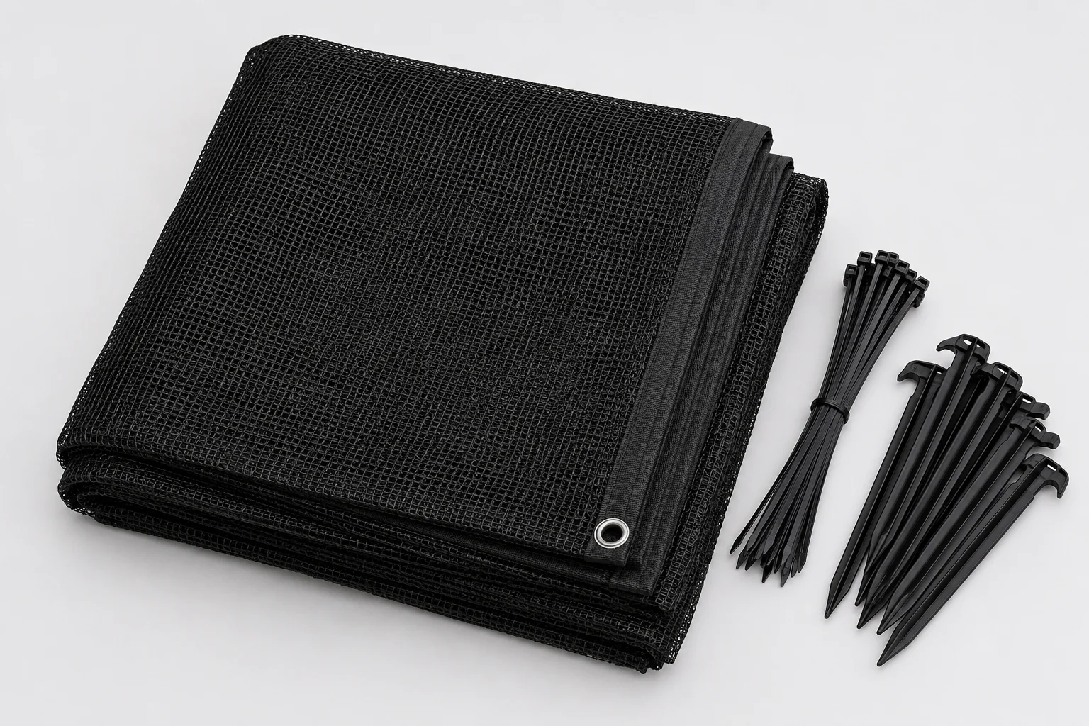 Heavy-duty black mesh koi pond netting kit with ground stakes