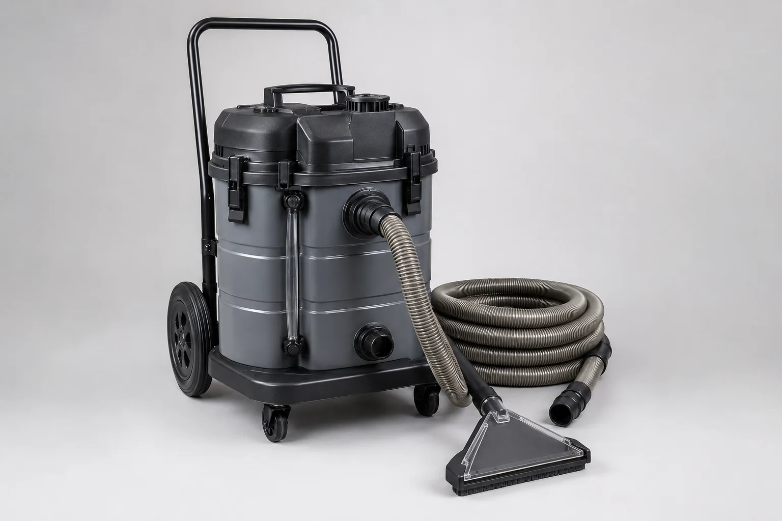Heavy-duty dual-chamber pond vacuum with hose and nozzle attachments