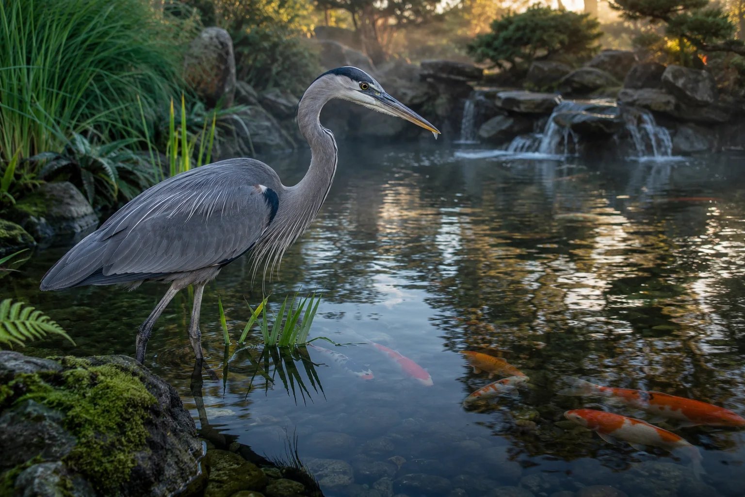Blue heron standing at the edge of an unprotected koi pond hunting for fish