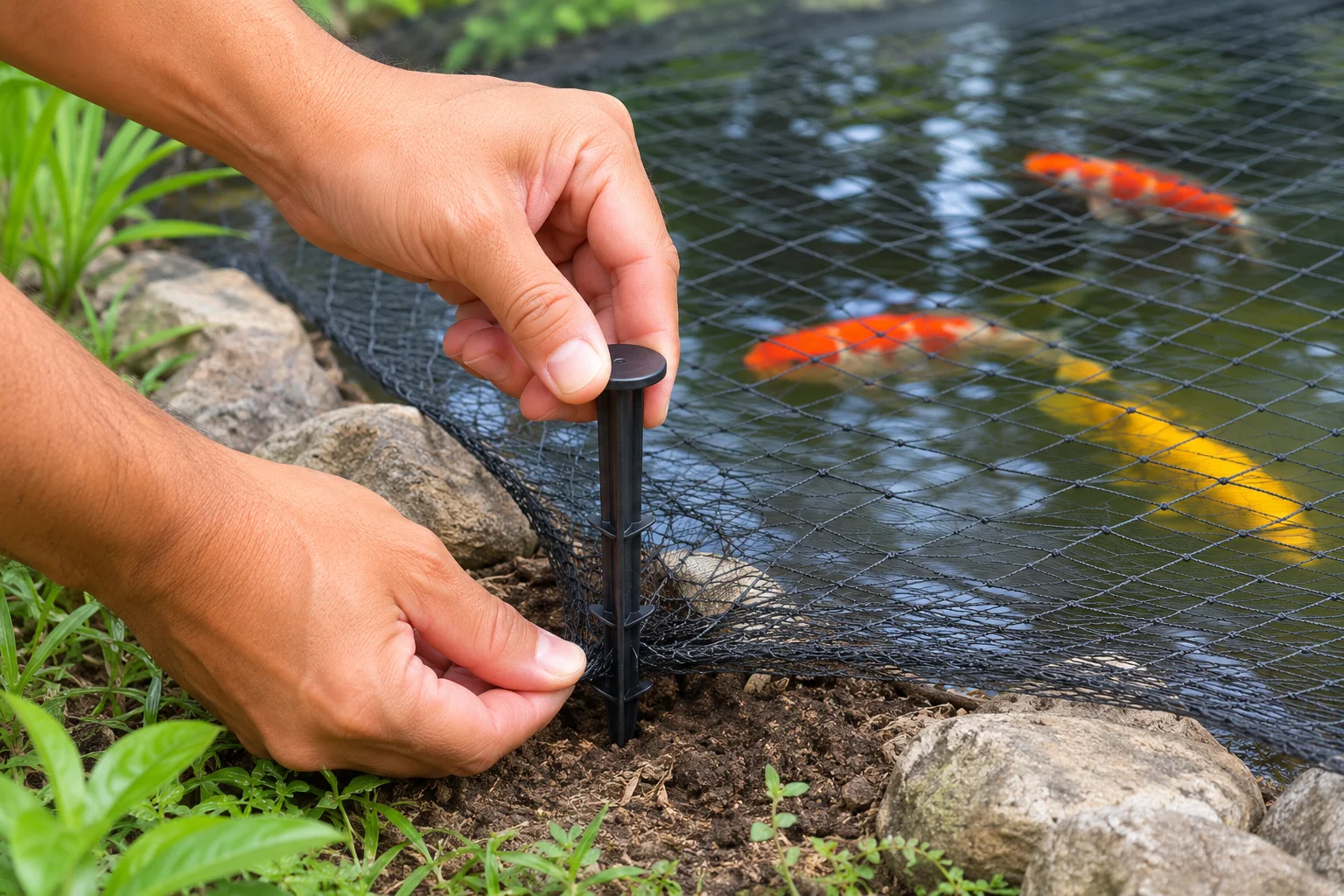 Hands securing pond netting with ground stakes around a koi pond edge