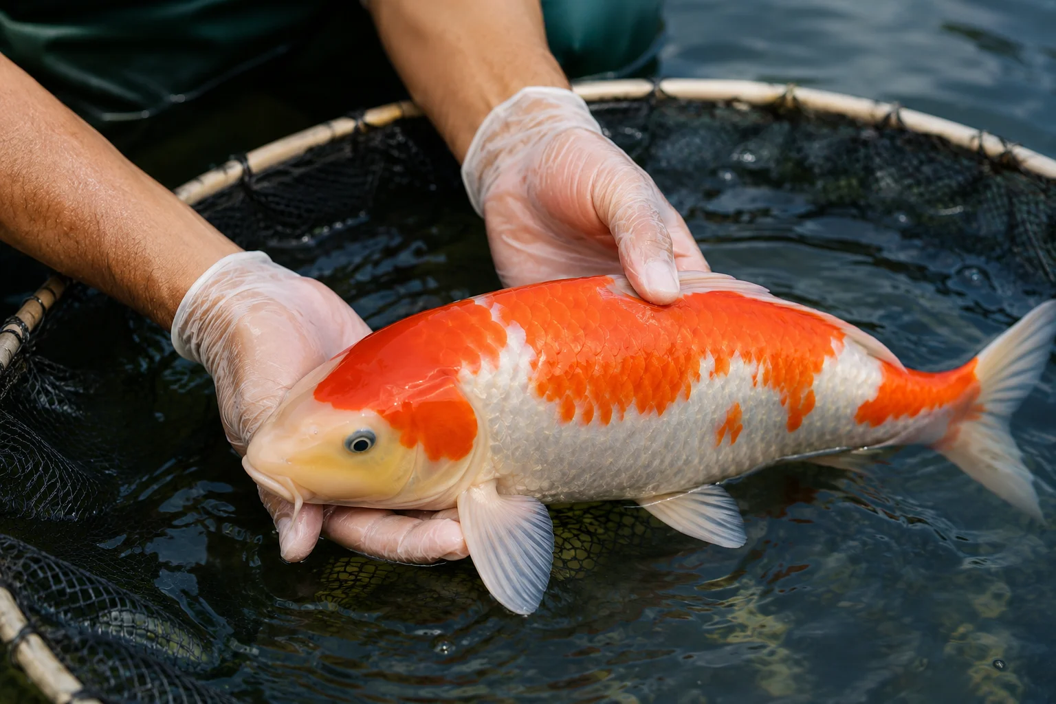 Inspecting koi fish fins and scales before a show