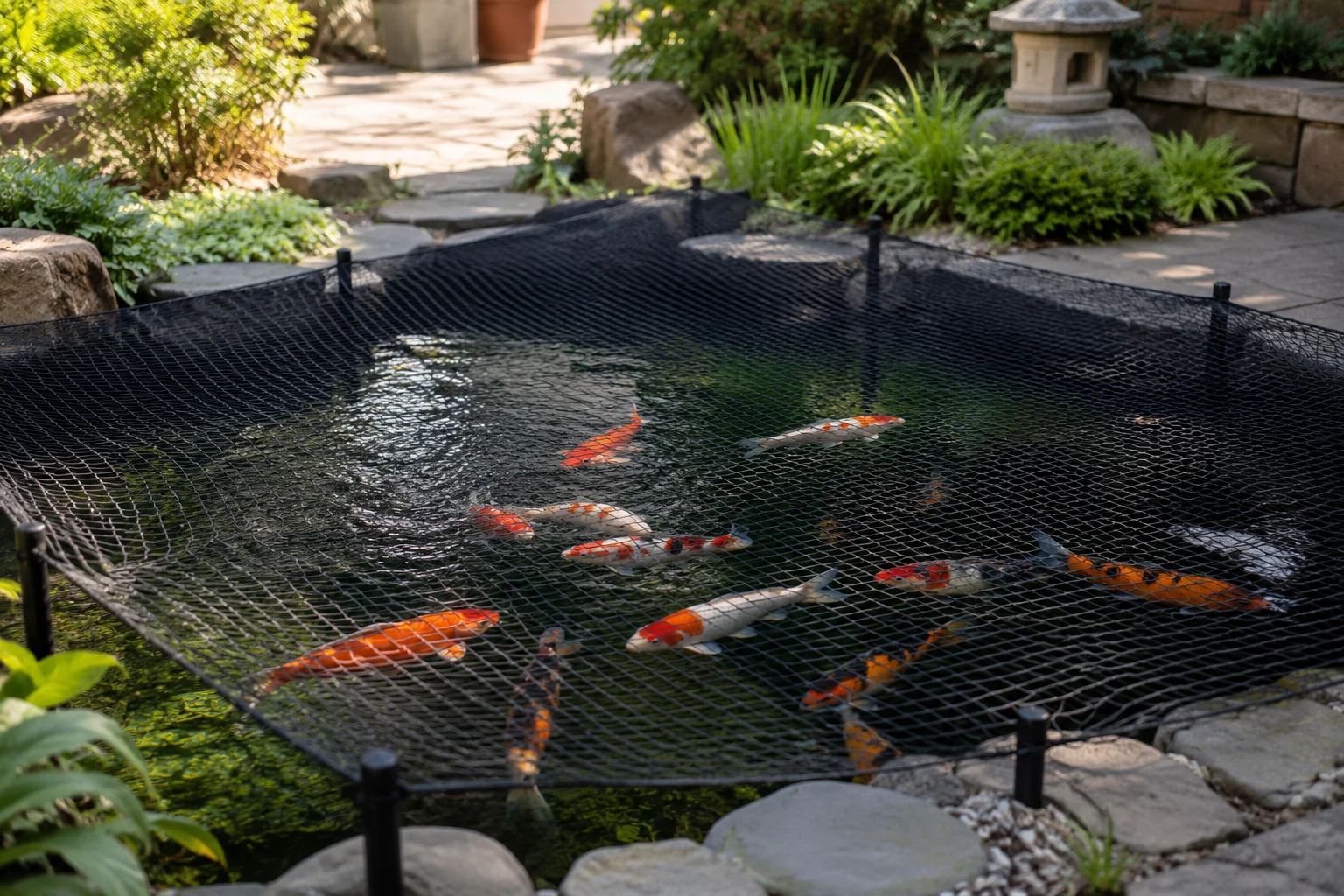 Koi pond covered with protective netting to prevent heron and raccoon attacks