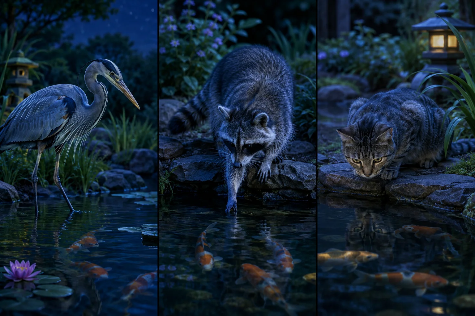 Common koi pond predators: heron, raccoon, and cat near backyard pond